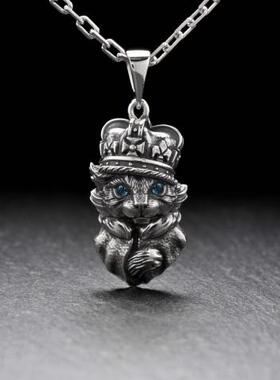 俄罗斯代购Cat◇手作复古可爱小猫咪动物警长帽抛光氧化纯银项链