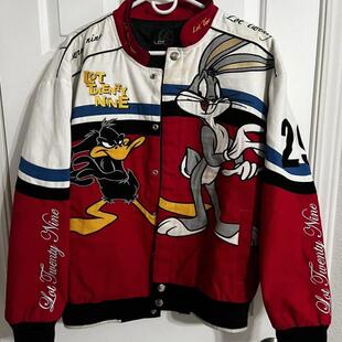 美国代购Jacket 古着卡通动画兔八哥达菲鸭红白色男式夹克外套