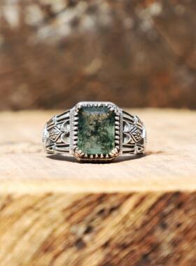 天然苔藓玛瑙宝石纯银男士戒指