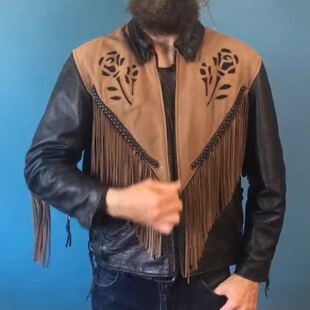 美国代购 Jacket㊣古着黑色棕褐色皮革拼接压花花朵摩托车流苏夹克