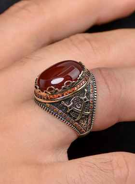 纯银复古天然红色玛瑙宝石戒指