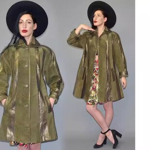 德国代购 古着反光刺绣条纹拼布毯尖领纽扣A字形喇叭风衣 Jacket㊣