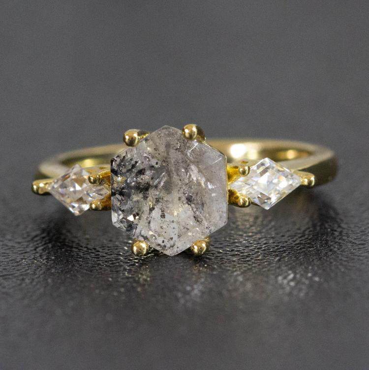 美国代购Diamond 手作华丽天然赫基默钻石莫桑石镶嵌18K金戒指