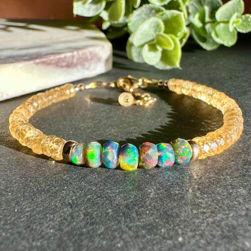 美国代购Bracelet㊣ 手作精致闪亮天然黄水晶蛋白石宝石串珠手链