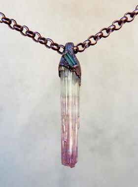 美国代购Necklace㊣ 手作简约华丽粉红碧玺绿色电气石吊坠项链