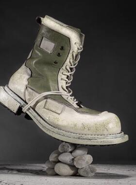 海外代购Leather ▼手作复古草绿色系带日常休闲固特异厚马丁靴