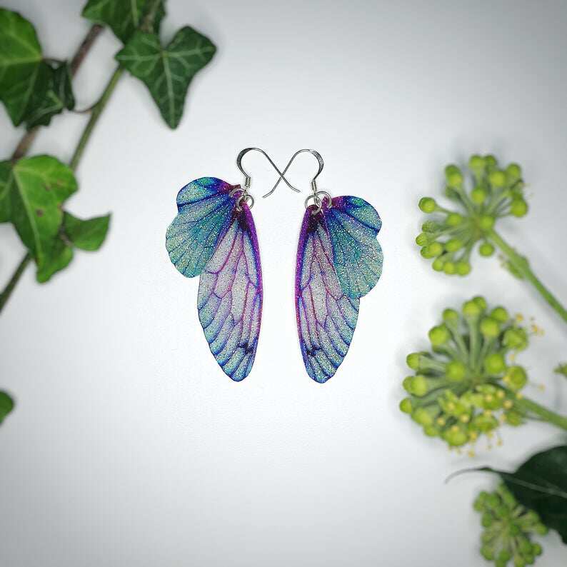 英国代购Fairy◇手作闪耀绿松石色紫色仙子精灵之翼蝴蝶翅膀耳环