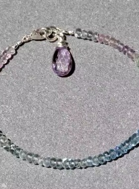 美国代购Fluorite◇手作水润渐变萤石宝石粉红紫水晶叠戴纯银手链