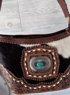 美国代购Concho◇手作复古西部牛皮真皮康乔扣装饰花边女士单肩包