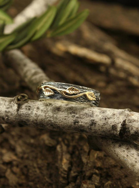 情侣纯银14K金枝叶树皮叶子戒指