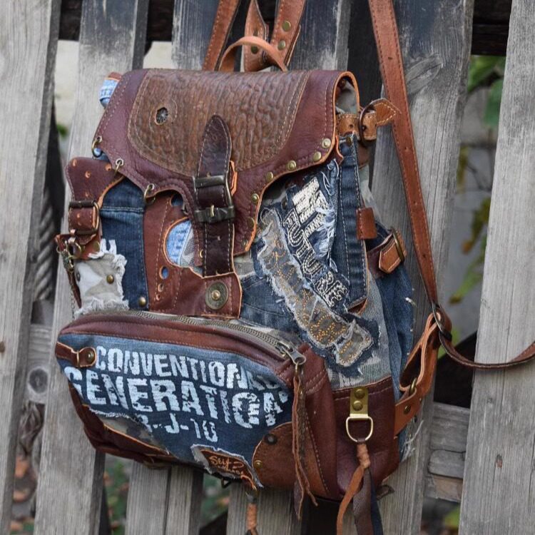 海外代购Backpack㊣ 手作波西米亚风迷彩牛仔皮革拼接双肩背包