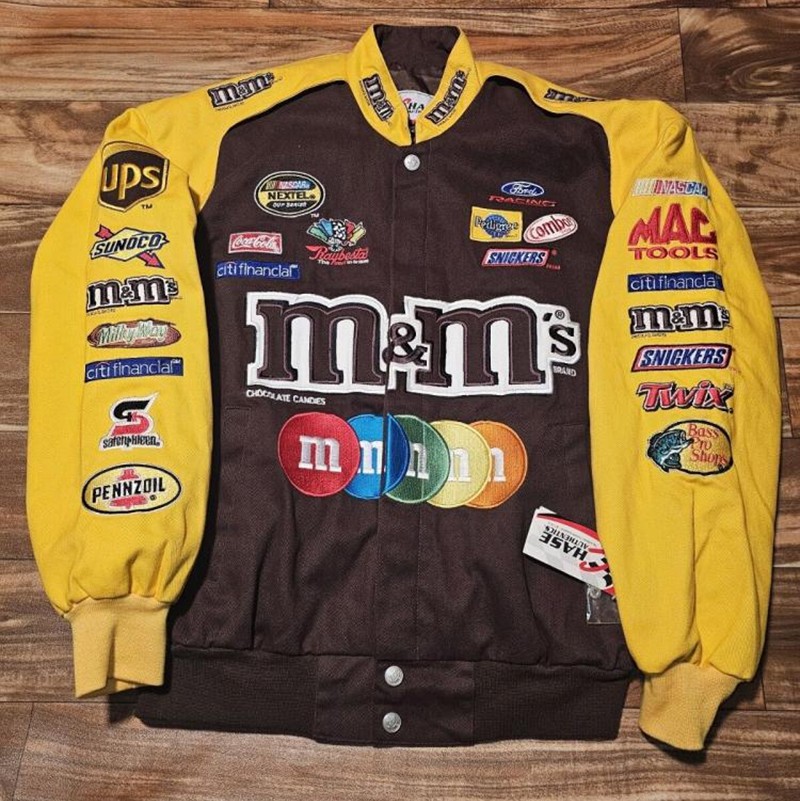 美国代购Candy◇古着复古赛车纳斯卡M豆糖果人刺绣黄棕色外套夹克