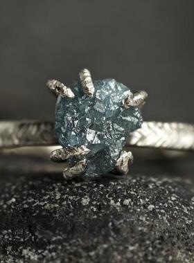 蓝色钻石原石纯银18K白金戒指