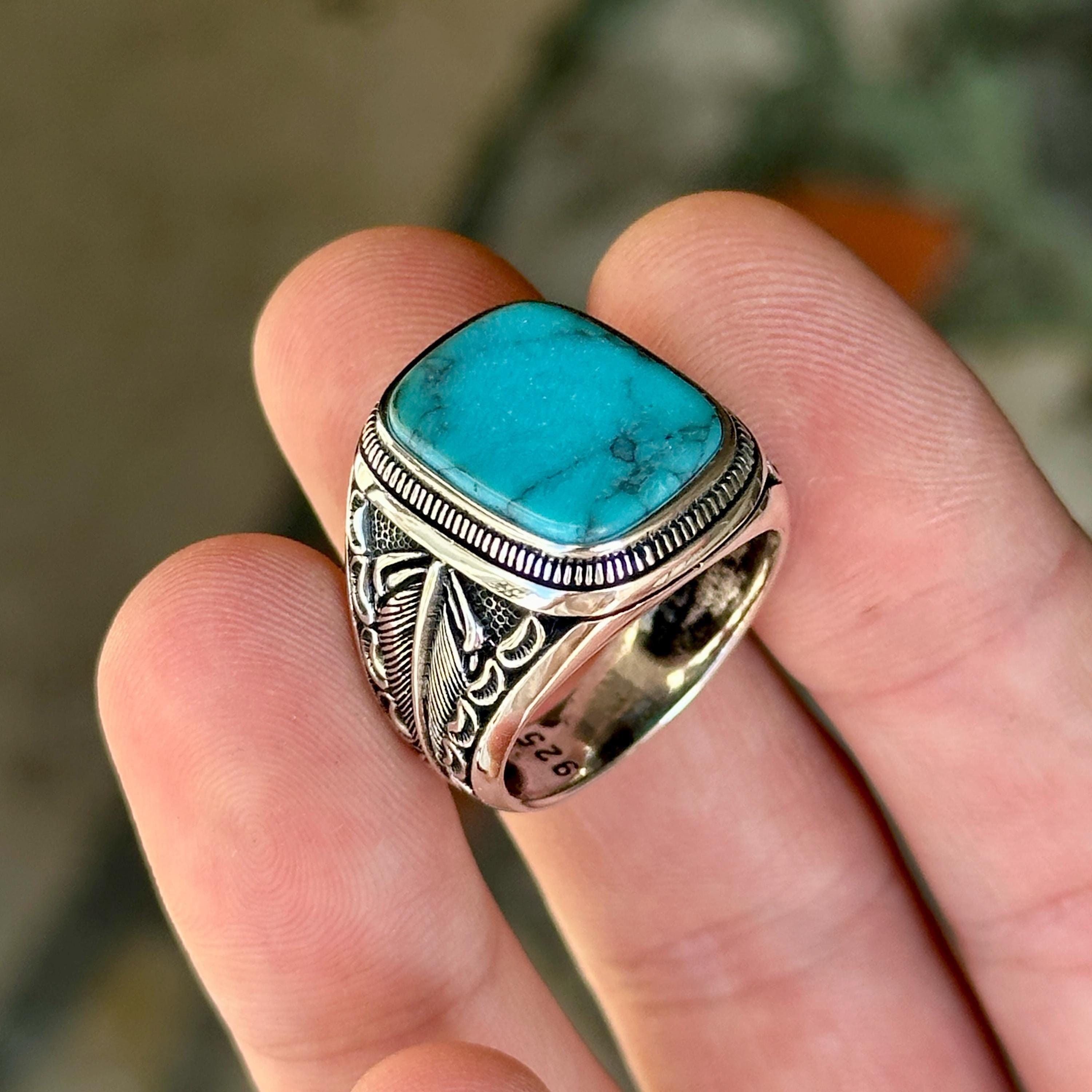 土耳其代购Turquoise手作复古925纯银羽毛雕刻绿松石镶嵌男士戒指