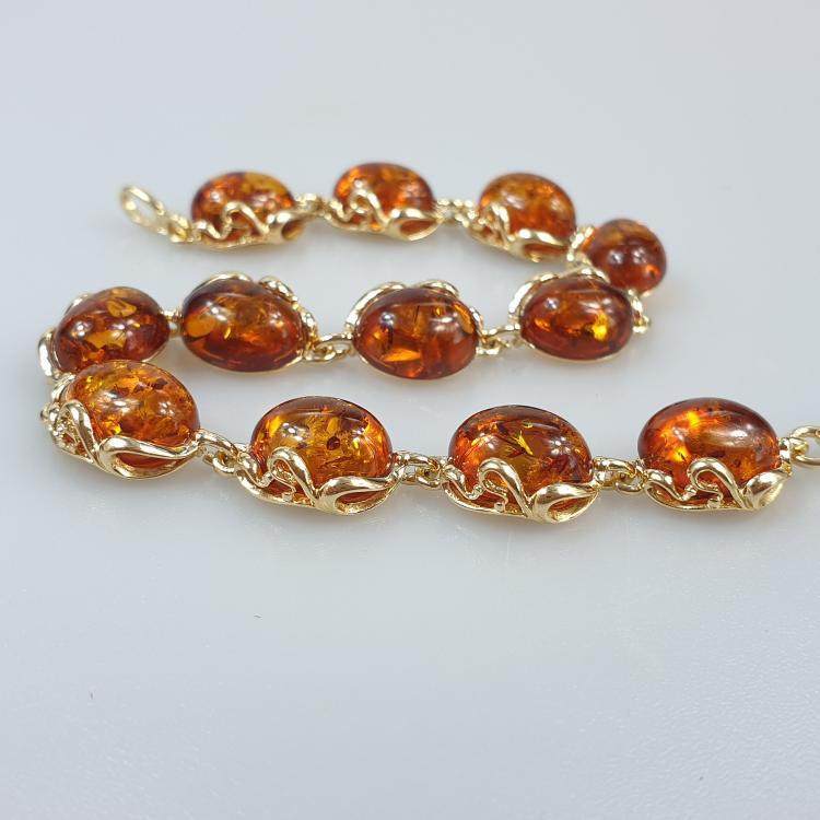 立陶宛代购Bracelet 手作华丽天然波罗海琥珀镶嵌纯银镀金手链