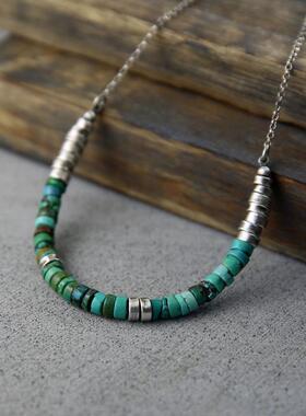 纯银天然绿松石串珠条形项链银珠