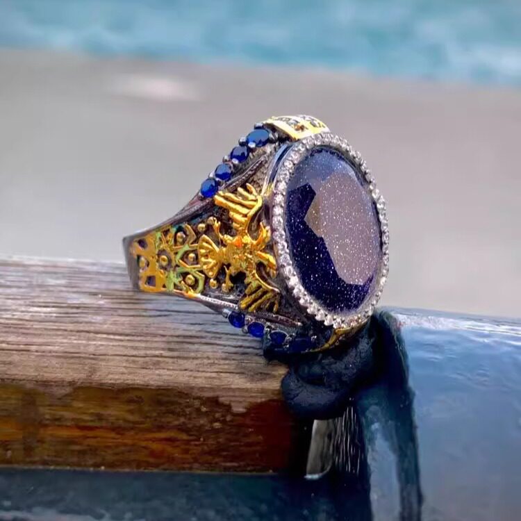 土耳其代购Jewelry㊣ 手作巴洛克手工雕刻镶嵌东陵石双头鹰戒指