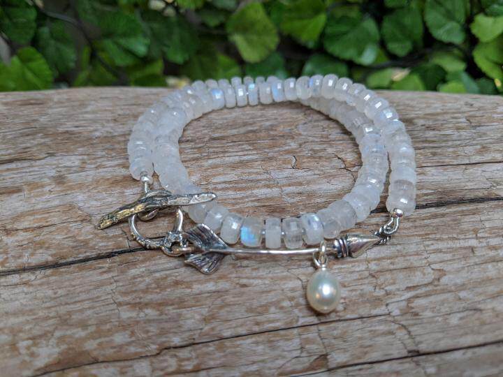 加拿大代购Wrap◇手作华丽闪耀天然彩虹月光石箭头珍珠纯银手链