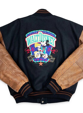 美国代购Jacket◎古着复古经典90年代米奇米老鼠刺绣L码皮衣夹克