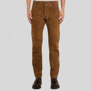 棕色绒面麂皮皮裤 海外代购 剪裁男士 手作精致休闲修身 Leather㊣