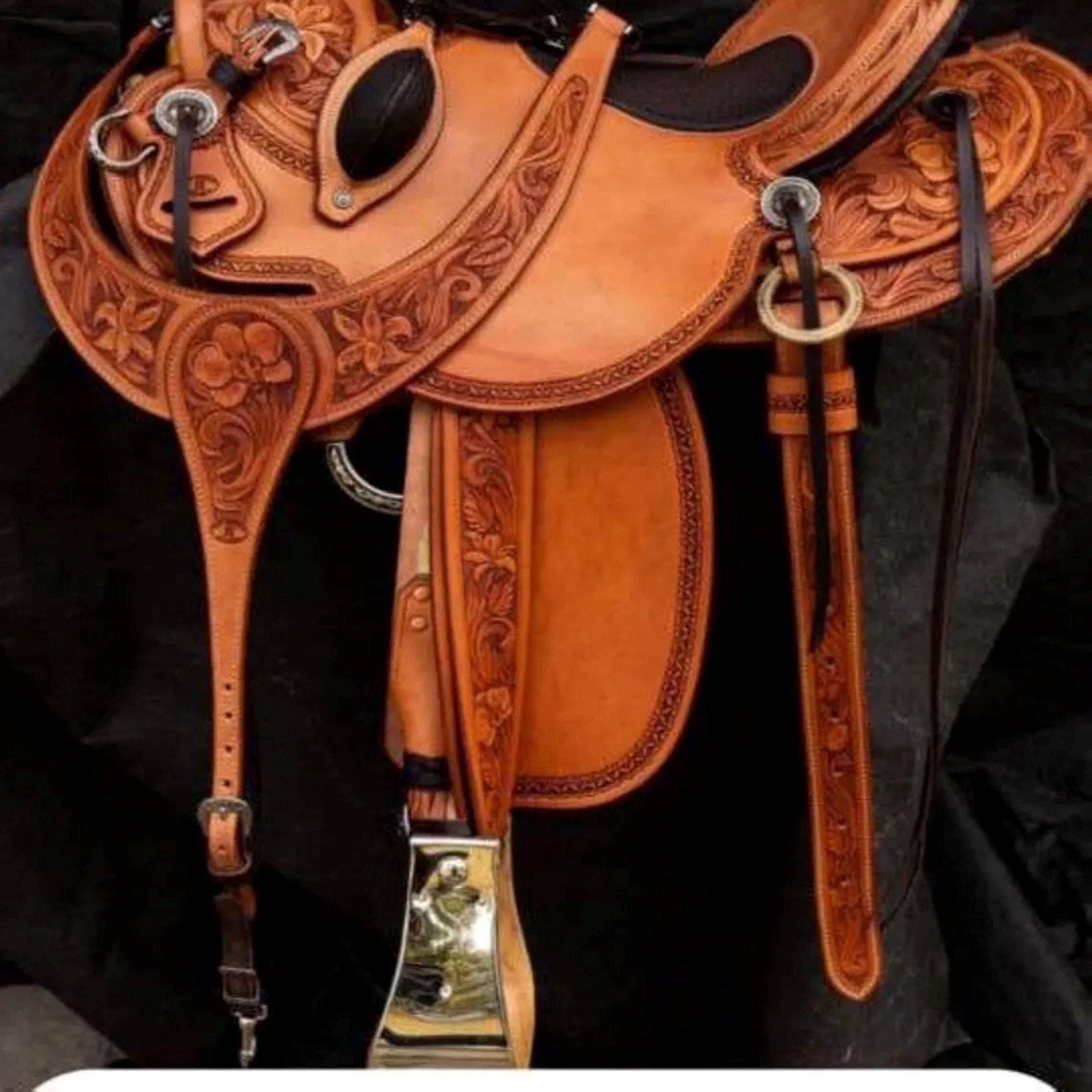 印度代购 Traditional▽手作棕色雕花皮革新西式衬垫座椅高端马鞍