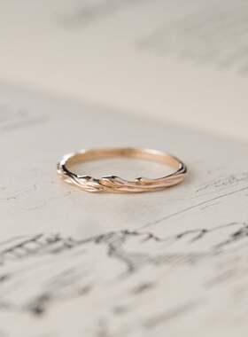 自然枝叶14K玫瑰金白金结婚戒指