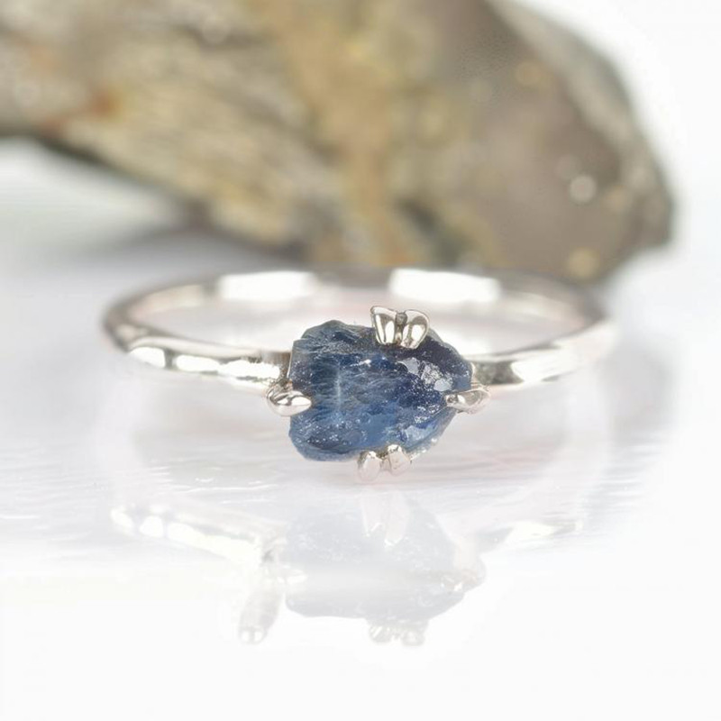 美国代购Sapphire◇手作天然原始蓝宝石镶嵌白金黄金女士结婚戒指