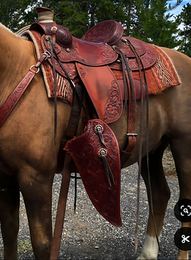 海外代购Saddle◇手作真皮雕花滚筒染色木质头笼胸甲定制西部马鞍