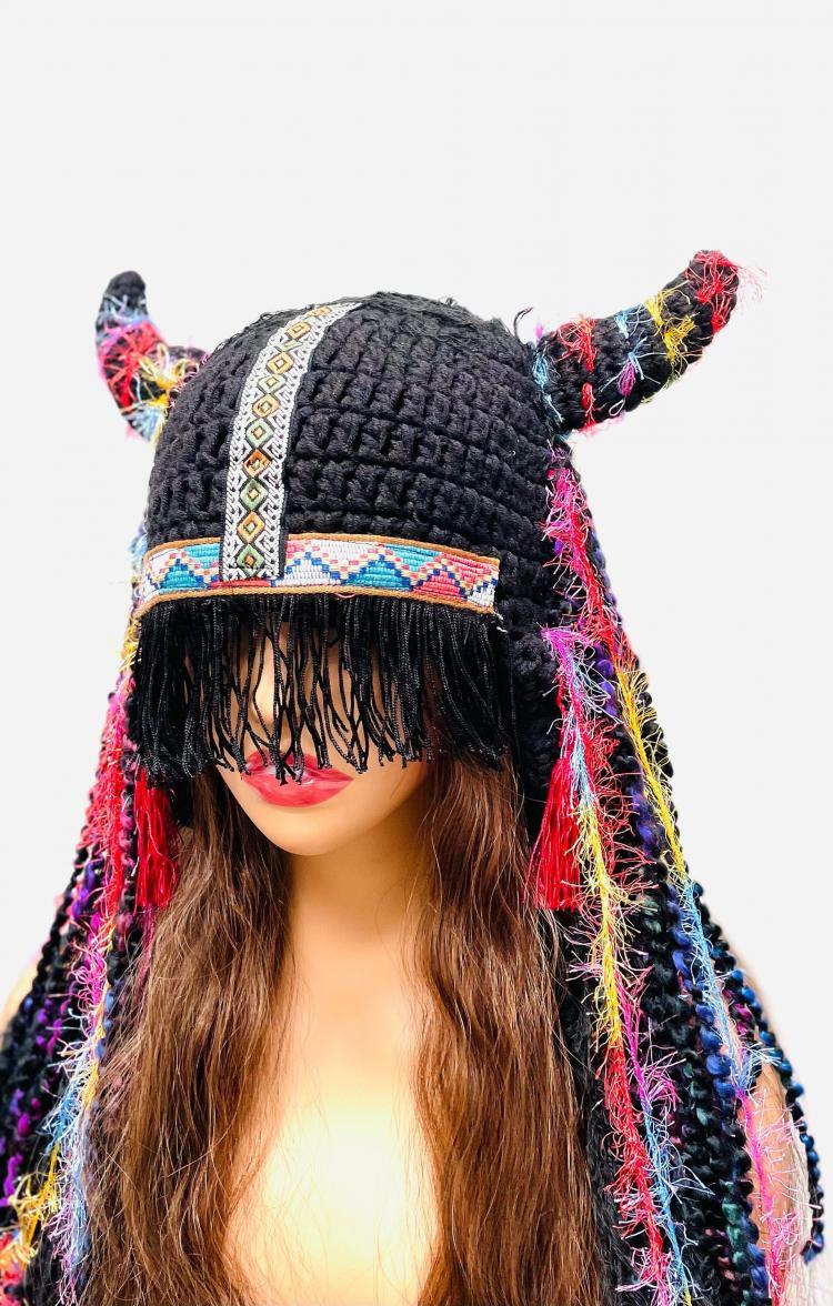 Knit美国代购 手作波西米亚牛角设计流苏毛线针织维京人帽子