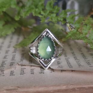 美国代购 手作简约波西米亚风复古几何纯银镶嵌蛇纹石戒指 Rings㊣