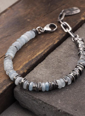 氧化纯银复古天然海蓝宝石手链