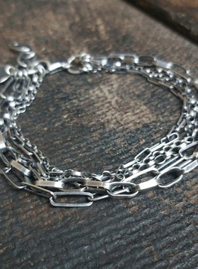 中性纯银复古多层叠戴银链手链