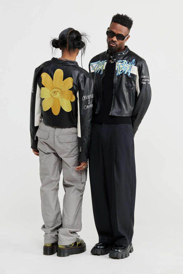 美国代购Jacket㊣ 手作个性字母花朵修身短款赛车机车夹克皮衣