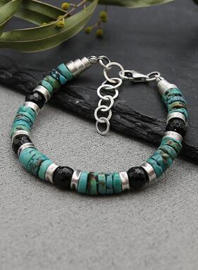 纯银复古天然绿松石黑色碧玺手链