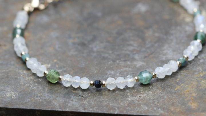 PARAIBA㊣美国代购 手作美丽月光石绿色蓝色碧玺14k实金串珠手链
