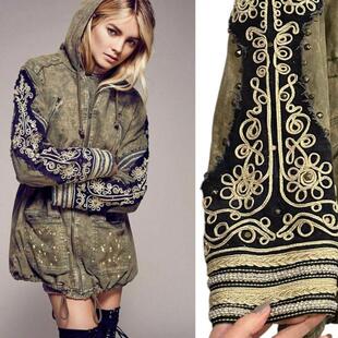 美国代购 古着收藏水钻点缀古铜色铆钉抽绳派克大衣外套 Jacket㊣