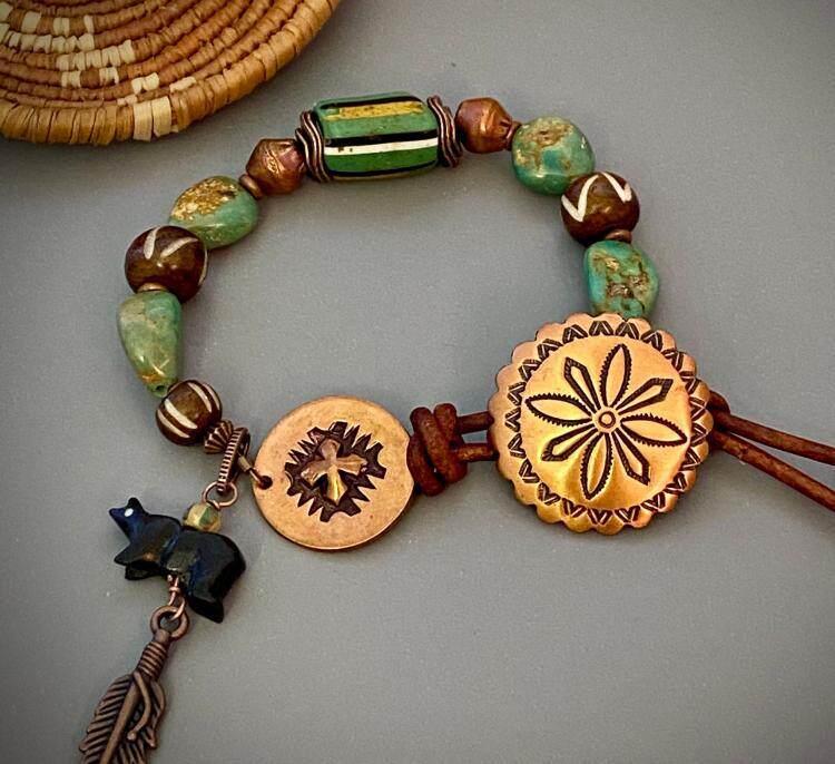 美国代购Concho◇手作复古部落绿色绿松石宝石铜海螺扣羽毛熊手链