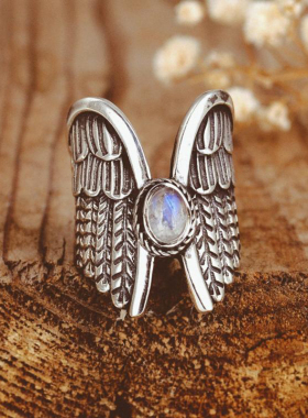 纯银波西米亚天使之翼戒指月光石