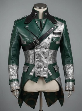 海外代购Rock◇手作蒸汽朋克绿银双拼色真皮男士燕尾服夹克皮衣
