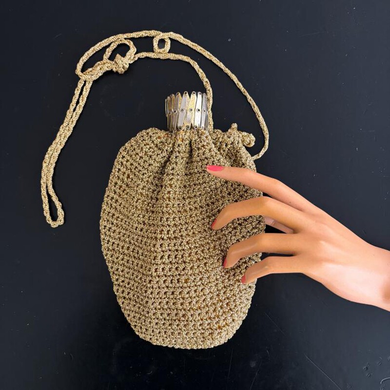 荷兰代购Purse◇古着1950年代小巧金绳钩针手风琴扣肩带零钱包