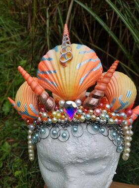 Mermaid㊣美国代购 手作迷人梦幻美人鱼女王珍珠装饰橙色调头饰