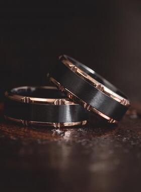 情侣玫瑰金黑色锆金属锤击戒指