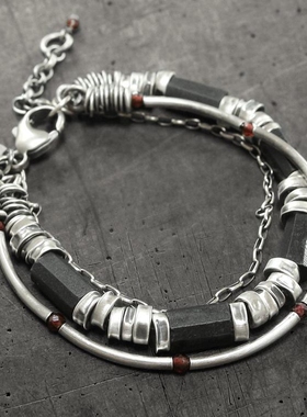 英国代购Bracelet㊣ 手作黑色电气石红色石榴石氧化纯银串珠手链