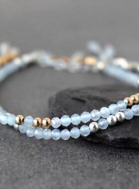 英国代购Bracelet㊣ 手作华丽精致淡蓝色海蓝宝石纯银串珠手链