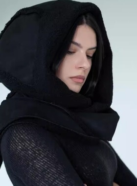 Hooded㊣美国代购 手作迷人柔软绒面皮革面保暖加绒黑色连帽围巾
