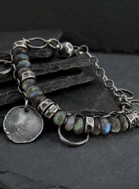 波兰代购Labradorite◇手作复古拉长石银珠圆盘925氧化纯银手链