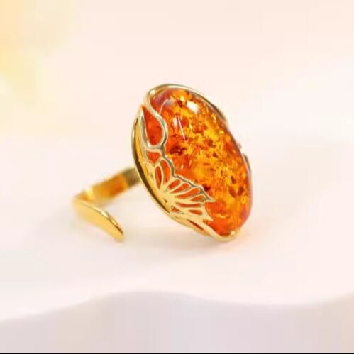 美国代购Jewelry㊣ 手作华丽波罗海琥珀镶嵌镀金蝴蝶可调节戒指