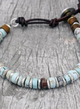 美国代购Bracelet㊣ 手作华丽冰蓝色绿松石青铜珠串珠皮革手链