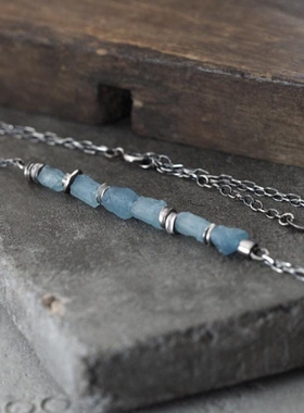 波兰代购Jewelry㊣ 手作华丽天然蓝色海蓝宝石串珠氧化纯银项链
