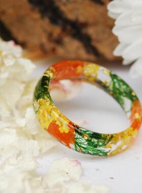 波兰代购Flower◇手作橙色压花万寿菊苔藓干花树脂24K金箔戒指